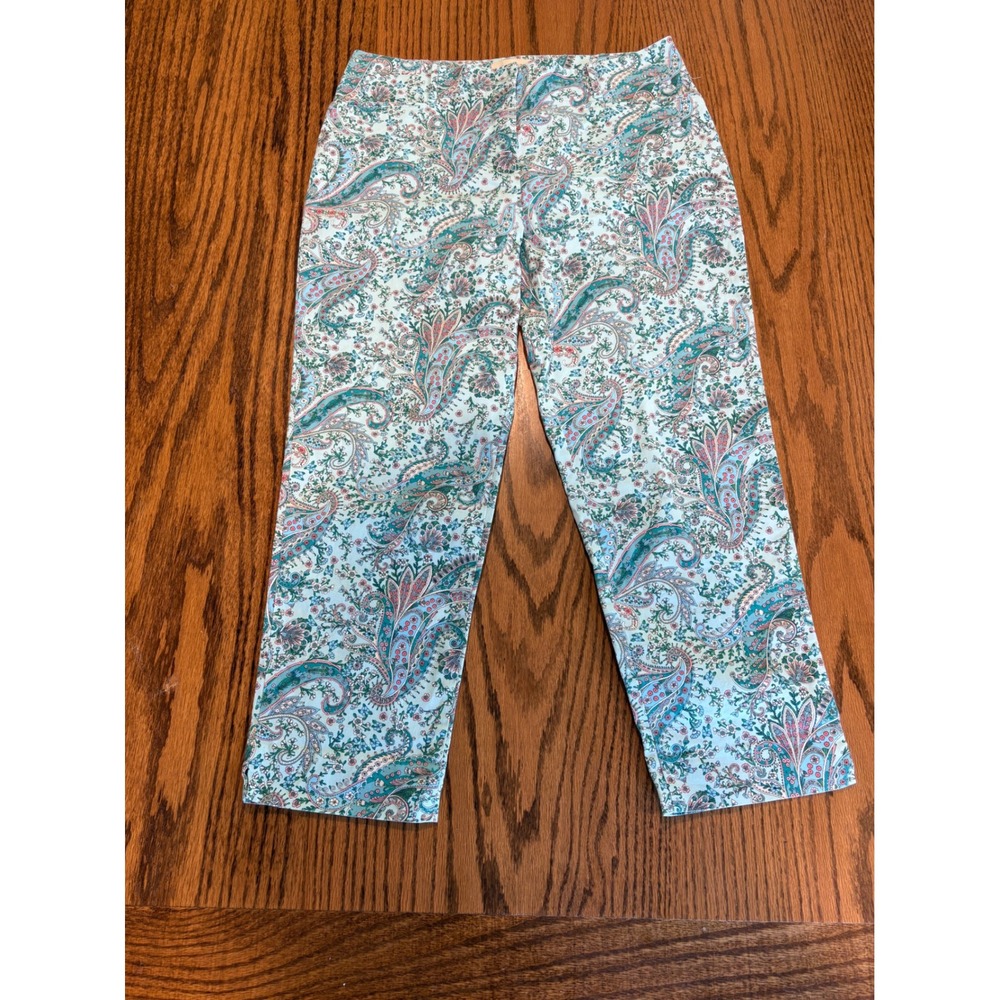 Talbots Women Blue Paisley Ankle Pants Size 10 Cotton Stretch Cropped Trousers